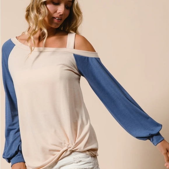 BiBi Tops - BiBi Off-Shoulder Cream and Blue Long Sleeve Top